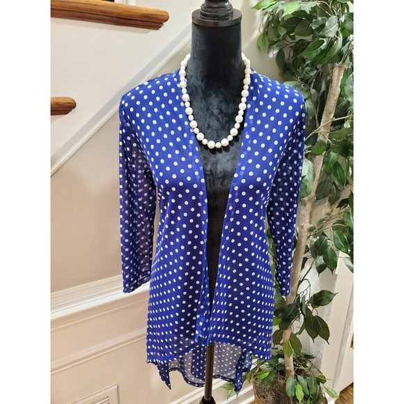 Haani Women's Blue Polka Dot Print Long Sleeve Open Front Cardigan Size Medium - Picture 2 of 8